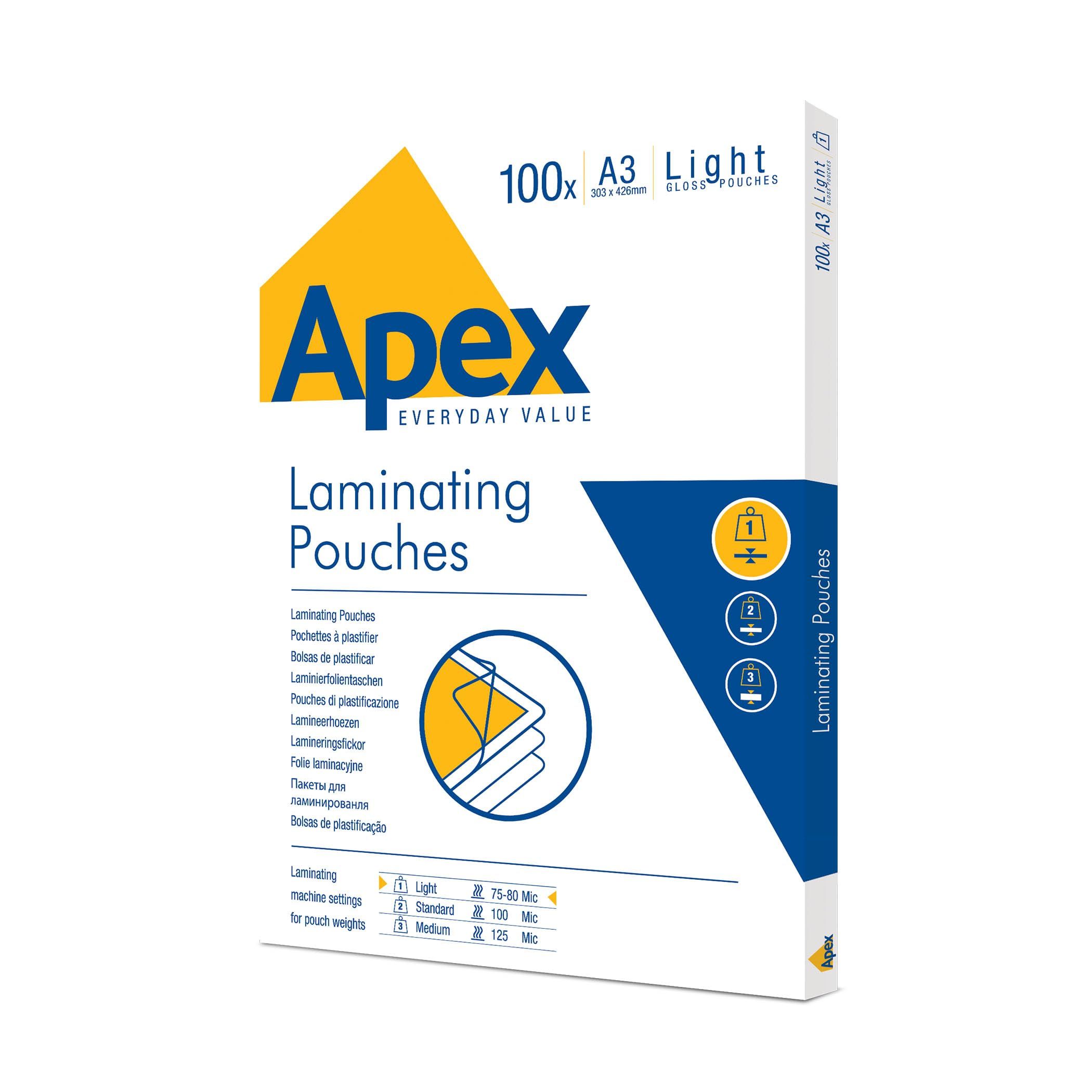 Fellowes Apex A3 Laminating Pouches - 100 Glossy Sheets, 160 Micron for Photos & Notices