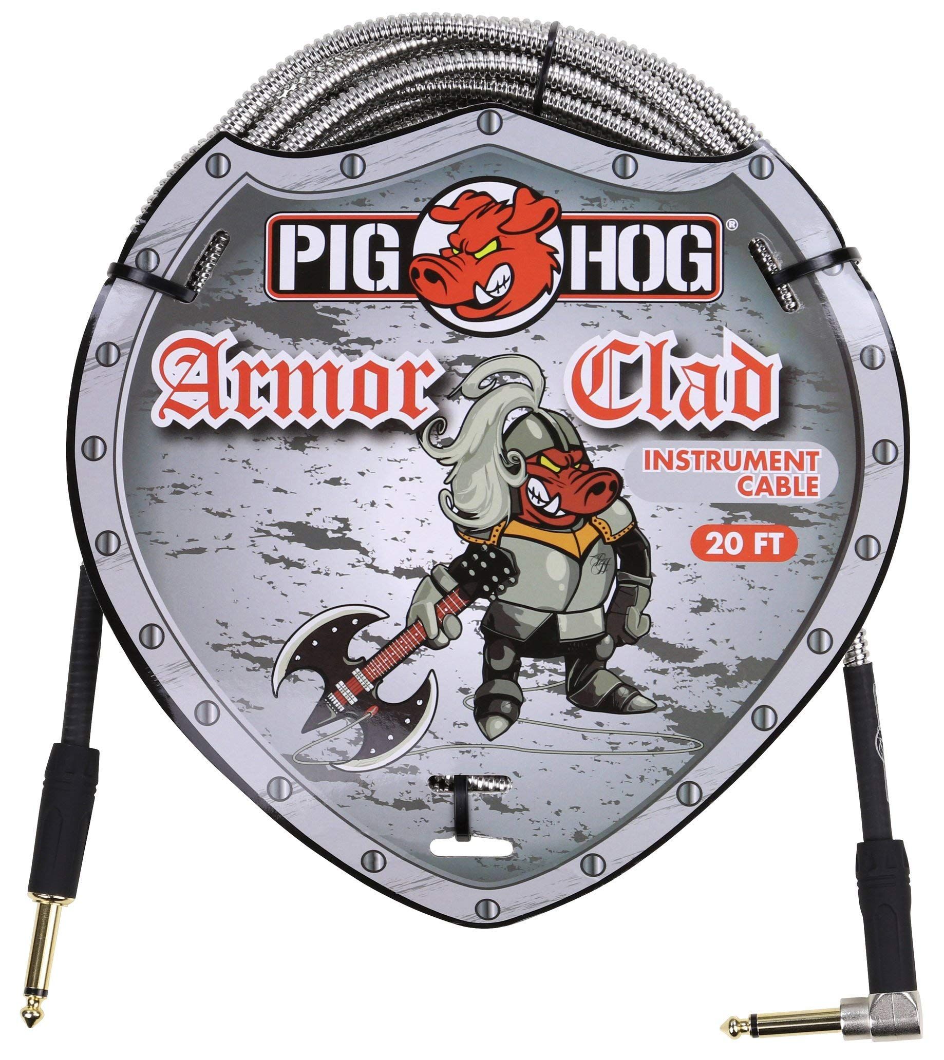 "Pig Hog PHAC-20R 20ft Armor Clad Right-Angle Guitar Cable - Durable 1/4" to 1/4" Connection"