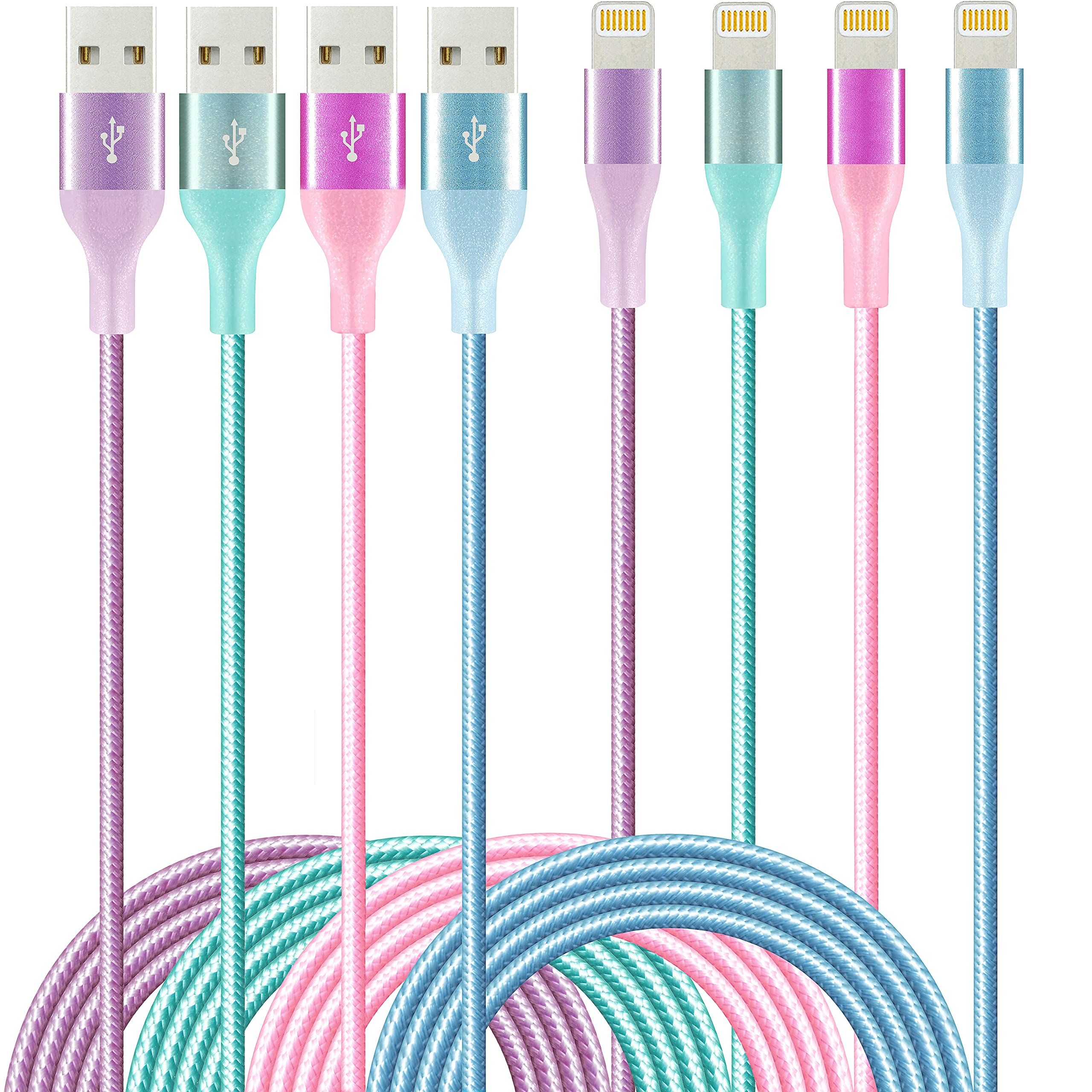 6ft iPhone Charger 4-Pack: MFi Certified Colorful Nylon Braided Fast Charging Cables for iPhone 14, 13, 12, 11, X, iPad & More