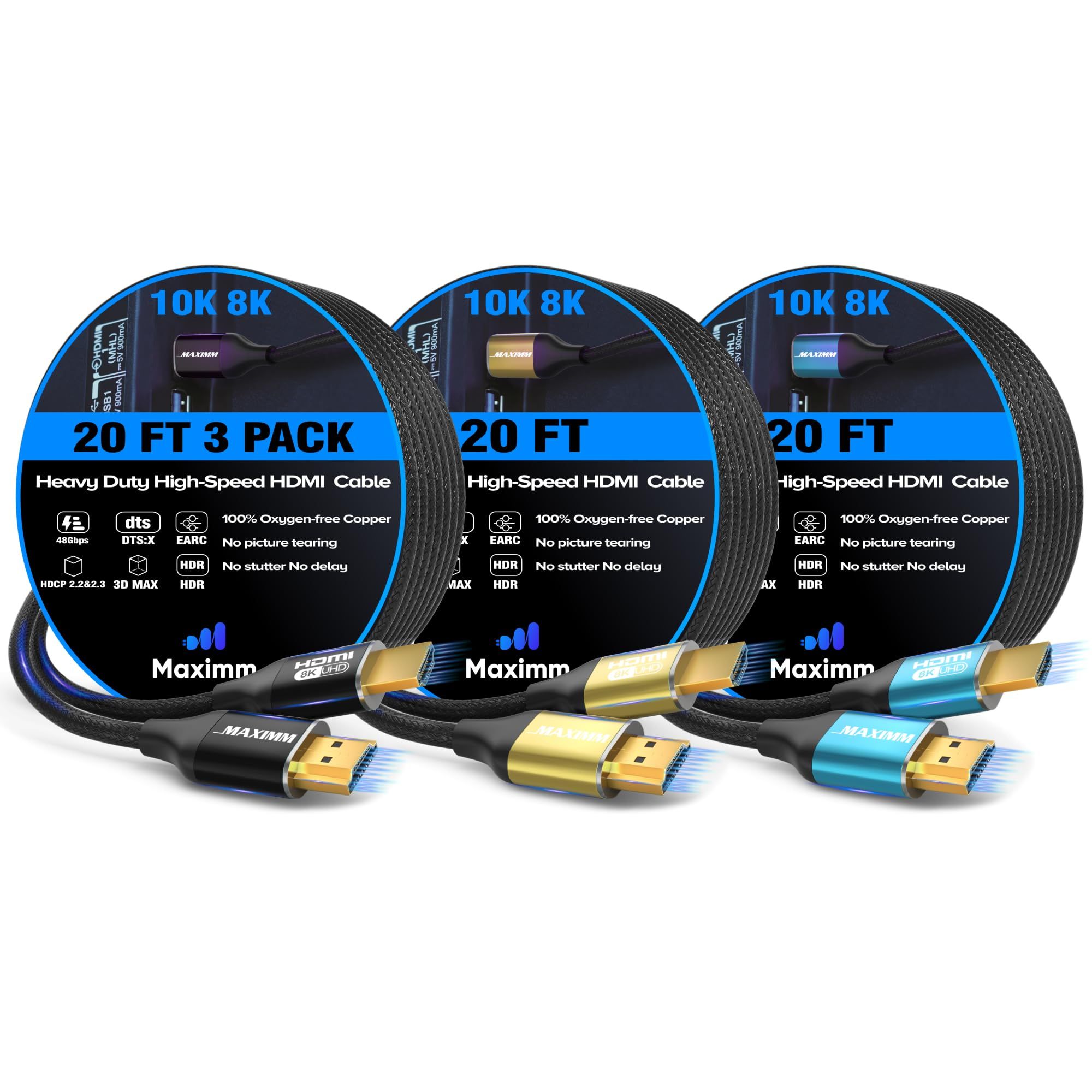 Maximm 8K HDMI Cable 20ft - Ultra High Speed HDMI 2.1 Cord (3 Pack) for 8K 60Hz Performance