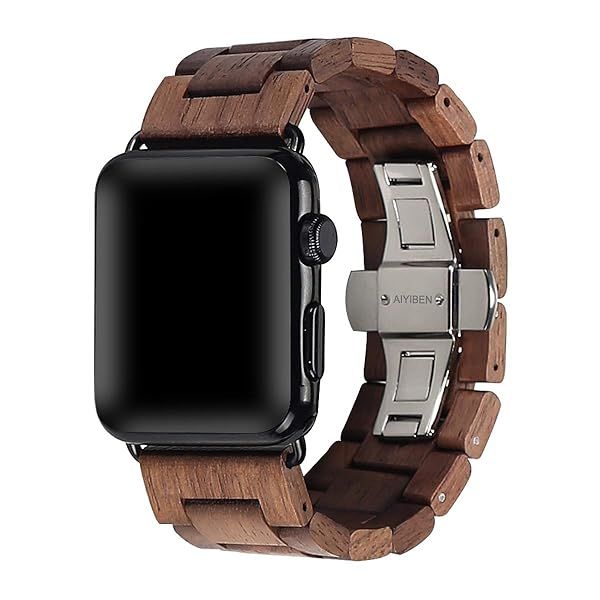 AIYIBEN Walnut Wooden Watch Band for iWatch Ultra 2, SE, Series 9-1 - 42mm, 44mm, 45mm, 49mm with Stainless Steel Buckle