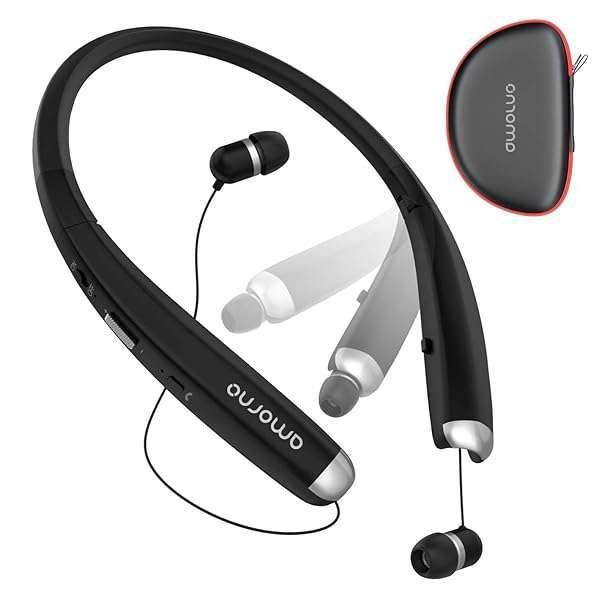 AMORNO Foldable Bluetooth Neckband Headphones: Wireless, Sweatproof, Noise Cancelling Earbuds with Mic