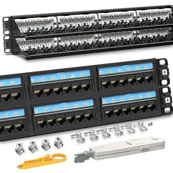AMPCOM 48-Port CAT6 Patch Panel - 2U Rack Mount, RJ45 Ethernet, Gold Plated, with Cable Management