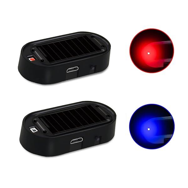 ANKIA 2PCS Solar Power Fake Car Alarm LED Light, Simulated Dummy Warning Anti-Theft LED Flashing Security Light, Car Alarm System Lamp with USB Port, Blue &amp; Red Light (Black)