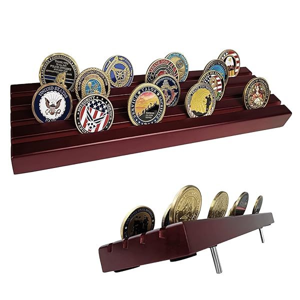 ASmileIndeep Military Challenge Coins Display Holder Solid Wood 30 Coin Stand 4 Row Rack for Desk Collectors Red
