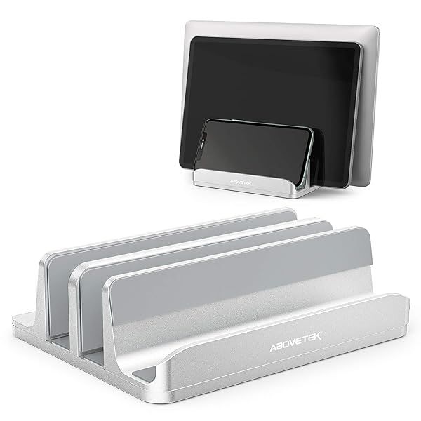 "AboveTEK Vertical Laptop Stand: 3-Slot Aluminum Dock for MacBook & Tablets - Heavy Duty, Anti-Slide, Universal Fit (Up to 17.3")"