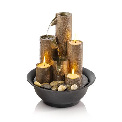 "Alpine Corporation WCT202 Indoor Tabletop Water Fountain with 3 Candles - 11" Brown Decor for Home & Office"