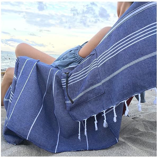 Oversized Aysesa Sandproof Turkish Cotton Beach Towel with Hidden Pocket - Extra Large, Packable & Perfect Gift for Men & Women