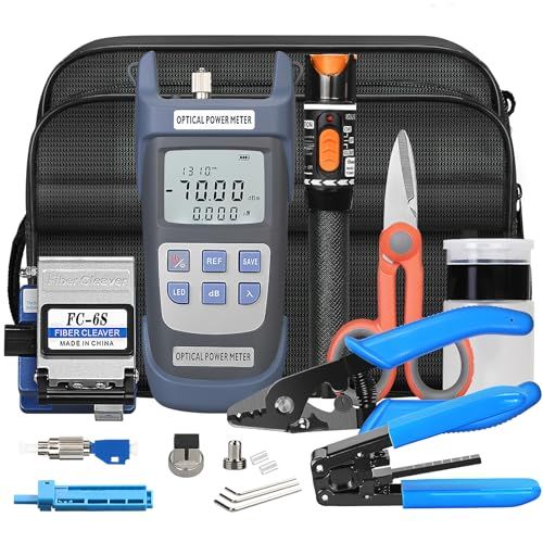 BAOSHLA Fiber Termination Kit 11 in 1 FTTH Cold Connection Tool with Visual Fault Locator Optical Power Meter Cleaver Stripper Pliers Adapter