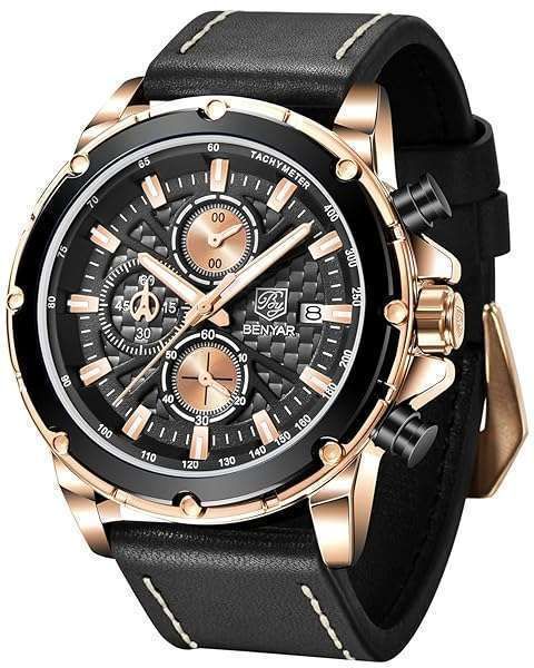 BENYAR Men's Analog Quartz Chronograph Watch - Waterproof Leather Strap, Luminous Date, Stylish Gift for Business & Casual Wear