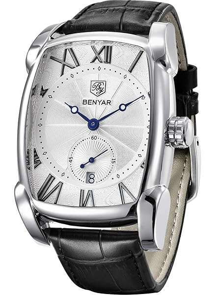 BENYAR Men's Rectangle Leather Strap Watch - Retro Fashion Casual Gift for Friends