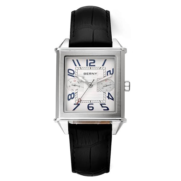 BERNY Square Quartz Watch for Men - Stylish Rectangular Calendar Leather Strap in Silver