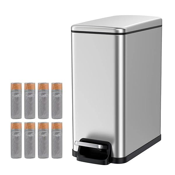 BETHEBEST Small Bathroom Trash Can with Lid 2.6 Gallon Stainless Steel Wastebasket for Bedroom and Bathroom Silver with 120 Count Garbage Bag