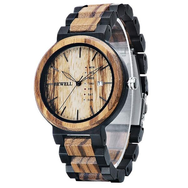 BEWELL Handmade Vintage Wood Watch for Men - Stylish Analog Quartz Date & Week Couple Wrist Watch