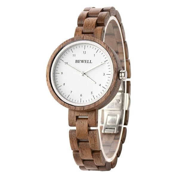 BEWELL Wood Watches for Women Handcrafted Simple Dial Quartz Wooden Watch with Bracelet