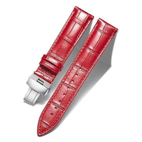 BINLUN Red Leather Watch Strap with Quick Release & Silver Buckle - 14mm for Men & Women