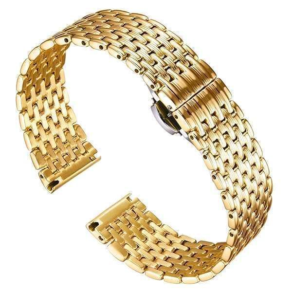 BINLUN Ultra Thin Mesh Stainless Steel Watch Band - 14mm Gold Replacement Strap for Men & Women with Butterfly Buckle