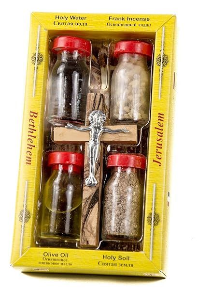 Blessed Holy Water, Soil, Oil & Incense with Jesus Cross - Authentic Holy Land Gifts