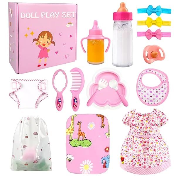 BNUZEIYI Baby Doll Accessories Feeding and Caring Set with Bottles Diaper and Changing Mat for 14-16 Inch and 18 Inch Dolls Gift for Girls