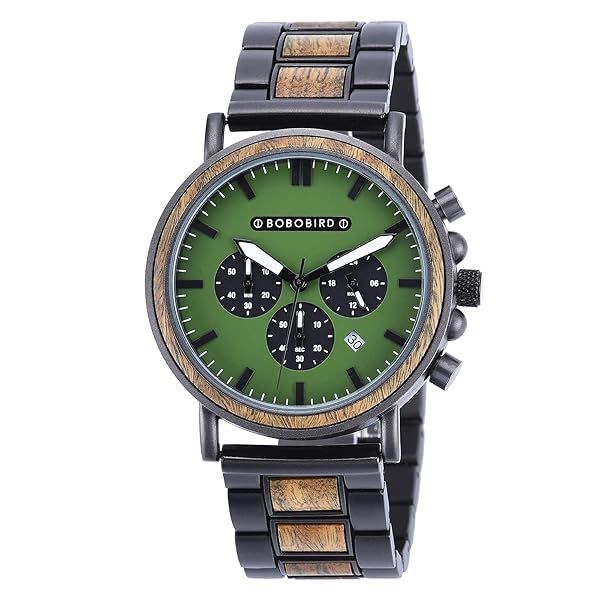 BOBO BIRD Men's Wooden Watch Stainless Steel Chronograph Analog Quartz Casual Gift for Father's Day and Christmas Black