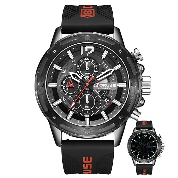 BORUSE Black Chronograph Watch for Men Big Face Analog Quartz Waterproof Luxury Sport Watch with Luminous Silicone Strap