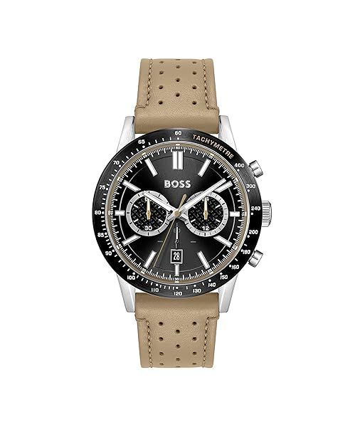BOSS Men's Allure Stainless Steel Quartz Watch Camel Leather Strap Black 22