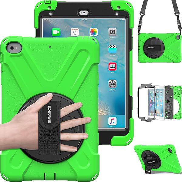 BRAECN for iPad Mini4 Shockproof Case,iPad Mini 5 Case,Drop Protection Rugged Protective Heavy Duty Case with 360 Degree Swivel Stand/Hand Strap/Shoulder Strap Fit iPad Mini 4/5 Case(Green)