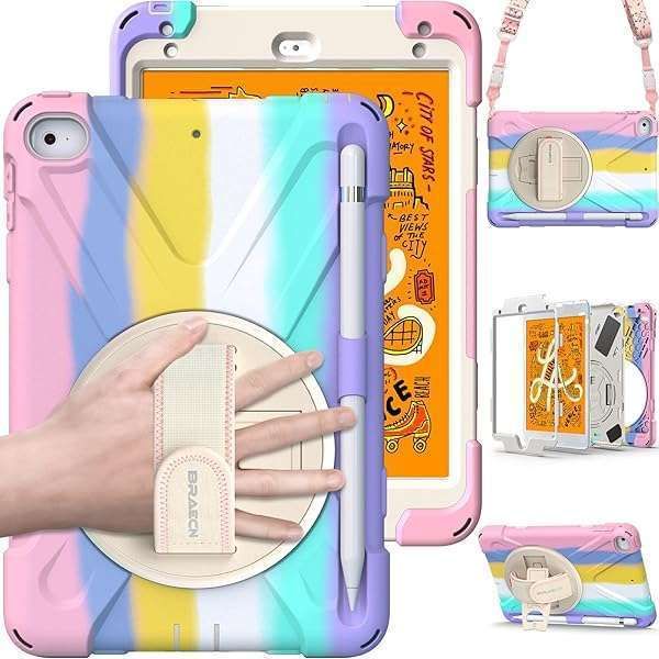 Heavy Duty BRAECN iPad Mini 5 Case for Kids - Rugged Cover with Hand Strap, Kickstand & Pencil Holder - Light Rainbow Design
