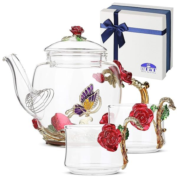 BTaT Floral Glass Tea Set with 2 Fancy Cups and Teapot Perfect for Adults Ideal Valentines Gift