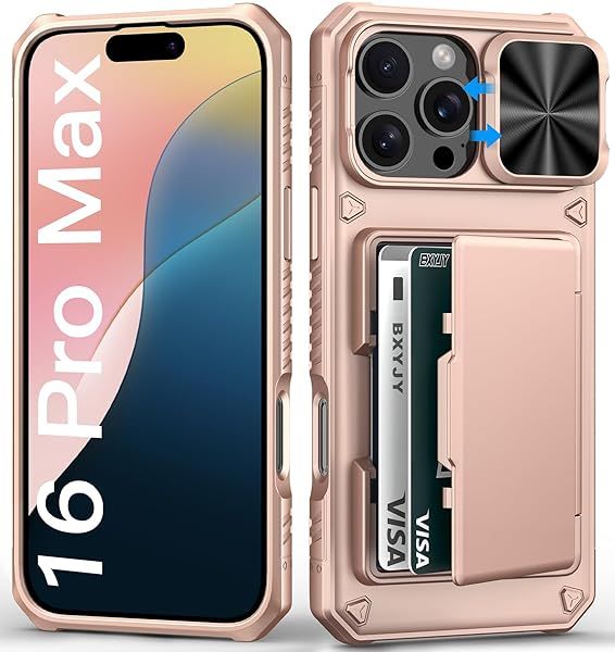 BXYJY iPhone 16 Pro Max Wallet Case with Card Holder Slide Camera Cover Military Grade Protection Rose Gold