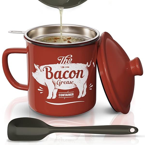 Bacon Grease Container with Strainer 46OZ Large Enamel Keeper with Silicone Spatula Dishwasher Safe Red for Kitchen Fat Storage