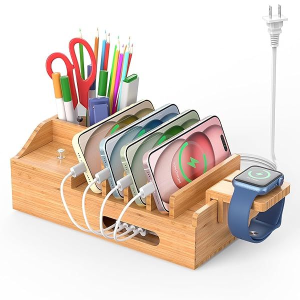 Multi-Device Bamboo Charging Station: 5-Port USB Dock with Cables & Smart Watch Stand for Office Organization