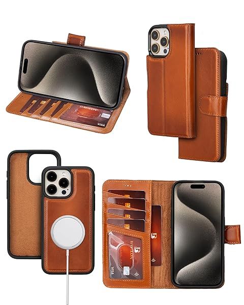 Bayelon Leather Wallet Case for iPhone 15 Pro with Detachable Card Holder and RFID Blocking in Rustic Tan MagSafe Compatible
