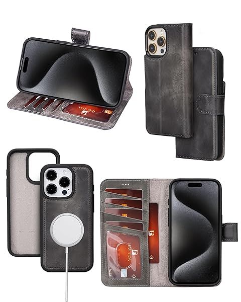 Bayelon iPhone 15 Pro Wallet Case Full Grain Leather Detachable Magnetic Flip Folio Cover Card Holder MagSafe Compatible RFID Blocking Smoked Black