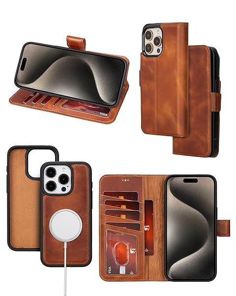 Bayelon Leather Wallet Case for iPhone 15 Pro Max Detachable Magnetic Flip Cover Card Holder RFID Blocking Vintage Brown