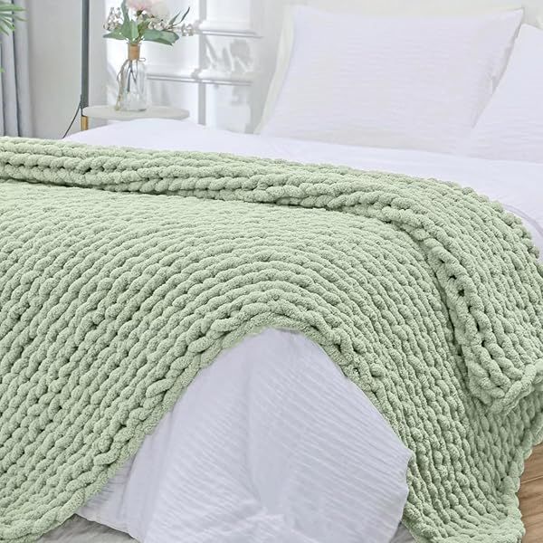 Bigacogo Chunky Knit Throw Blanket 51x63 inches Hand Knitted Jumbo Chenille Yarn Cozy Soft Cable Crochet for Sofa Bed Living Room Sage Green