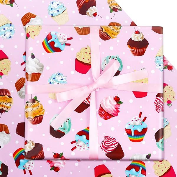 Birthday Wrapping Papers 7 Sheets Pink Cupcake Muffin Gift Wrap 20x28 inch with Pink Ribbon for Kids Girls Boys Birthday Baby Shower