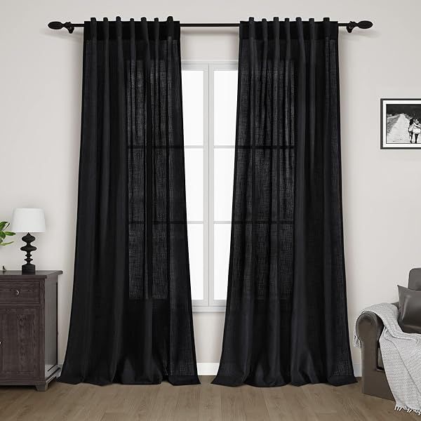 Black Linen Curtains 84 Inches Long 2 Panels Light Filtering Privacy Sheer Modern Farmhouse Cotton Textured Gauze for Bedroom Living Room