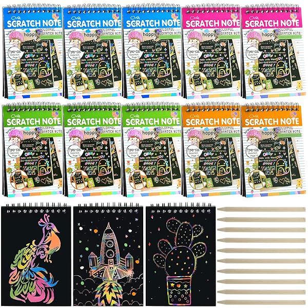 Blcculi 10 Pack Rainbow Scratch Notebooks for Kids Fun Arts and Crafts Activity with Wooden Stylus Perfect for Party Favors