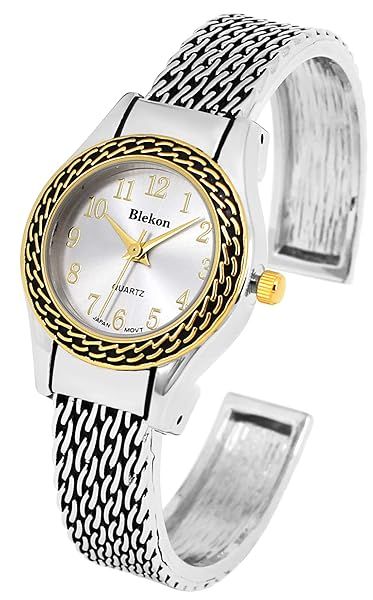 Blekon Collections Japanese Quartz Women's 27mm Elegant Pattern Cuff Bangle Watch Two-Tone
