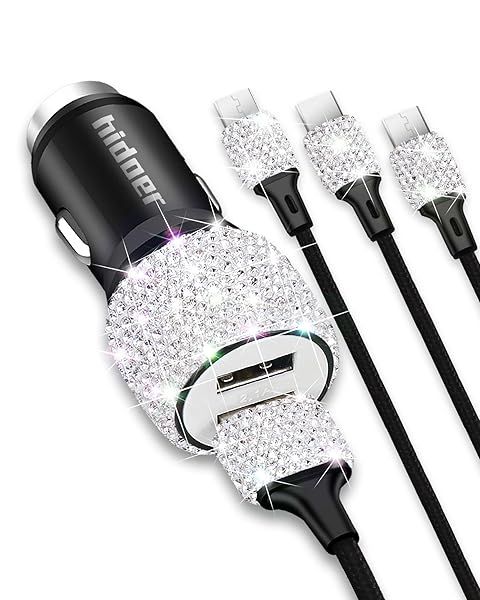 Stylish Bling USB Car Charger with 3-in-1 Cable - Fast Dual Port Adapter for iPhone, iPad & Android - Perfect Car Accessory for Women