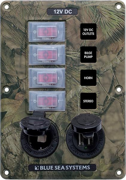 Blue Sea Systems 4324 Water-Resistant Circuit Breaker Panel with Camo, 4 Positions, 12V Socket & Dual USB Charger