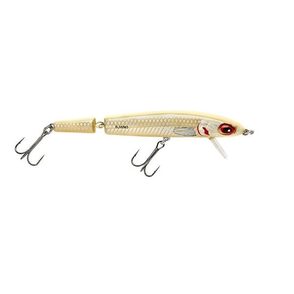 "Bomber Lures Jointed Wake Minnow: Top Freshwater Fishing Lure for V-Wake Action - 5 3/8", 3/8 oz, Bone Flash"
