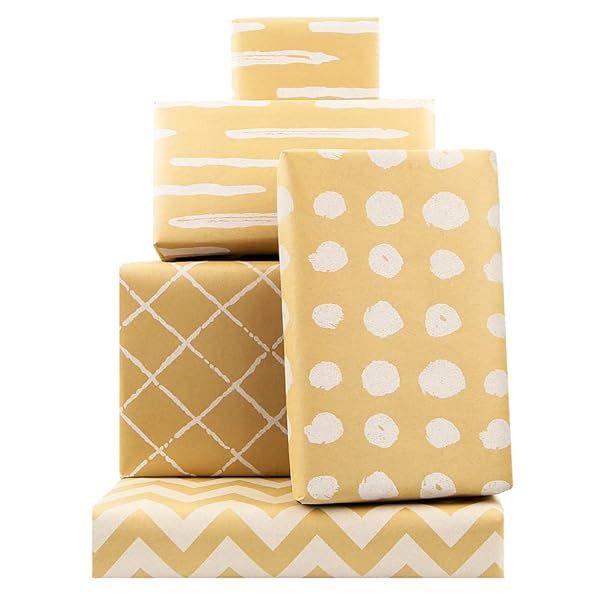 Brown Recyclable Kraft Gift Wrapping Paper 4 Rolls 17 Inch X10 Feet Stripe Dots Waves Pattern Eco Friendly for Holidays Weddings Birthdays