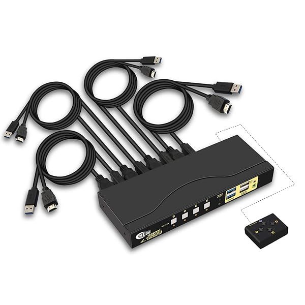 CKLau 4 Port HDMI KVM Switch with USB 3.0 Hub & Digital Audio - 4K@60Hz, Hotkey Switching, All Cables Included