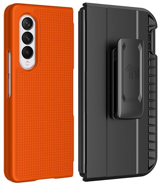 Galaxy Z Fold 3 Case with Clip & S Pen Slot - Slim Hard Cover & Rotating Belt Holster in Bright Orange | Nakedcellphone