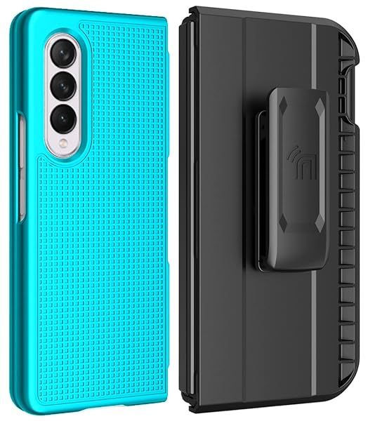 Galaxy Z Fold 3 Case with Clip & S Pen Slot - Slim Hard Cover & Rotating Belt Holster Combo in Teal Aqua Mint