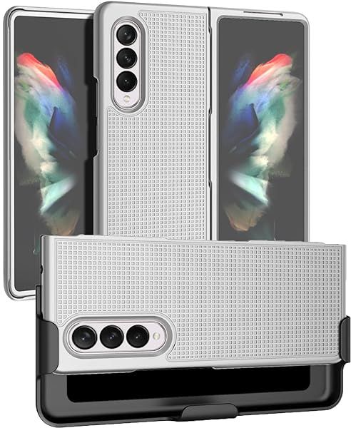 Galaxy Z Fold 3 5G Case with Clip & Holster - Slim Hard Cover & Stand Combo in Pearl White