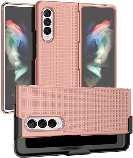 Galaxy Z Fold 3 Case with Clip & Holster - Slim Hard Cover in Rose Gold Blush Pink | Nakedcellphone Grid Texture Combo