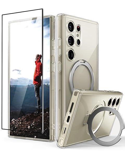 CaseBorne Samsung Galaxy S24 Ultra Case 3-in-1 Combo Clear Hybrid Magnetic Cover with Kickstand and Tempered Glass Screen Protector